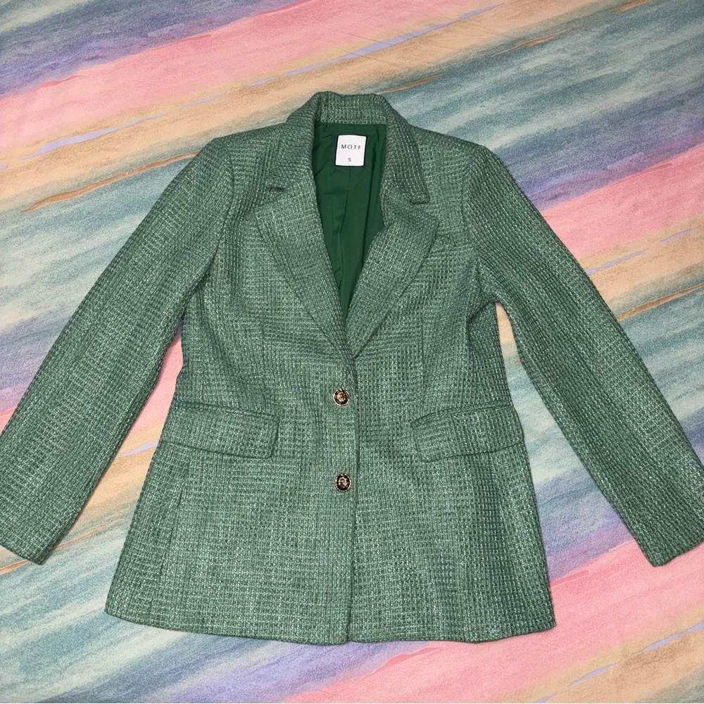 TRENDS BLAZER MOTF PREMIUM TWEED VISCOSE-BLEND BLAZER GREEN Size S - Picture 5 of 12